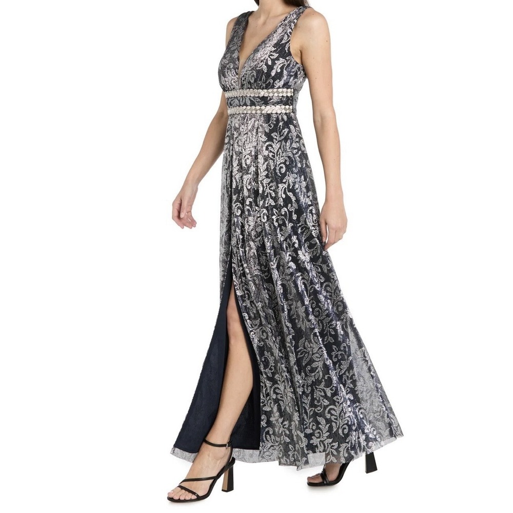 R&M Richards Petite Navy/Silver Printed Crinkle Jacquard Beaded Waist Gown 10P